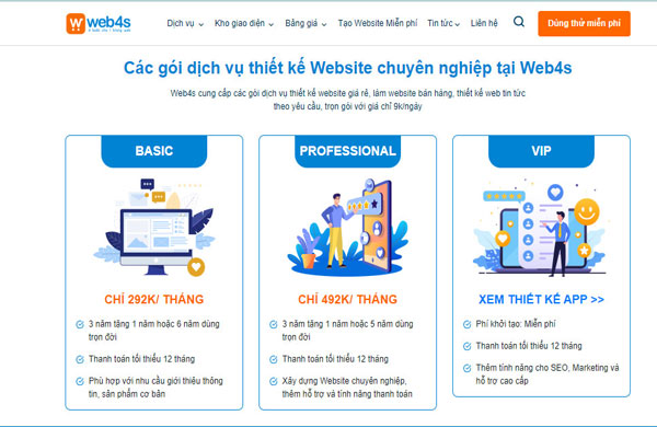 bảng gi&aacute; dịch vụ thiết kế website